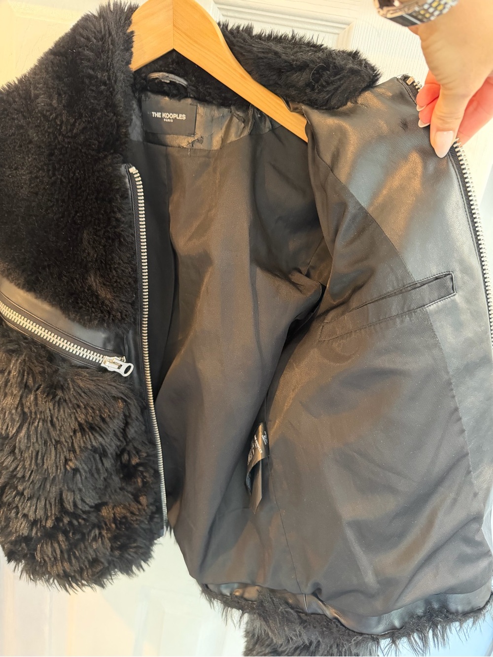 THE KOOPLES Black Faux Fur Zipper Jacket, Size Small, MOTO, LUXURY - Picture 6 of 7